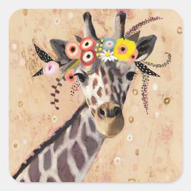 Klimt Giraffe | Crown Of Flowers Square Sticker (Front)