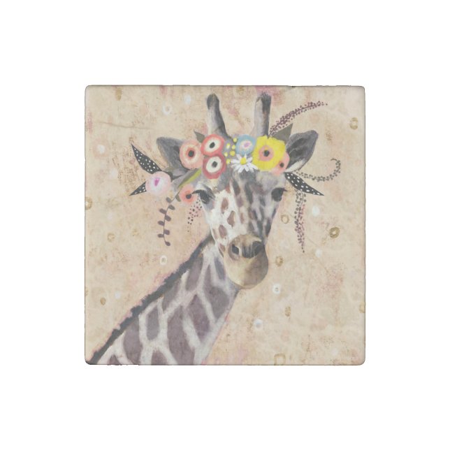 Klimt Giraffe | Crown Of Flowers Stone Magnet (Front)