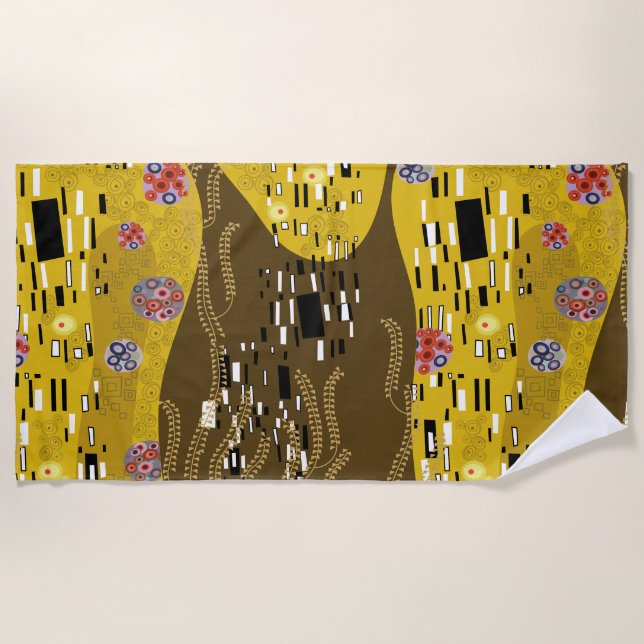 Klimt Inspired Gold Pattern Art Nouveau The Kiss Beach Towel (Front)