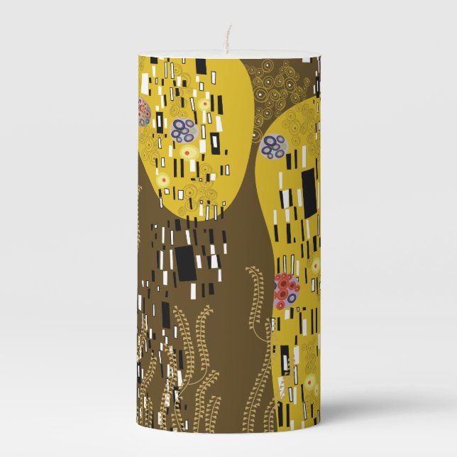 Klimt Inspired Gold Pattern Art Nouveau The Kiss Pillar Candle (Front)