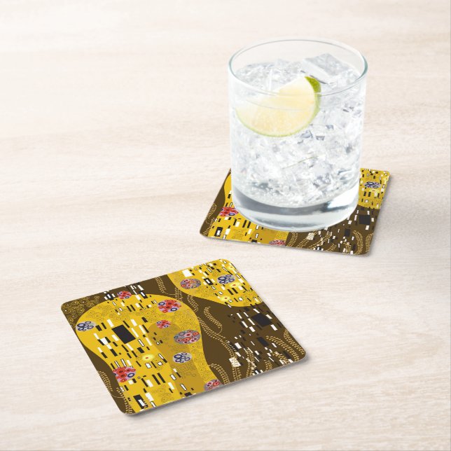 Klimt Inspired Gold Pattern Art Nouveau The Kiss Square Paper Coaster (Insitu)
