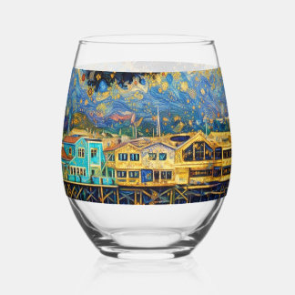 Klimt-inspired Golden Monterey Harbor Dreams Stemless Wine Glass