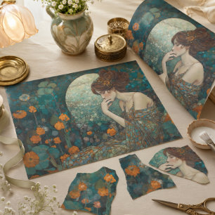 Klimt-Inspired Moon Blossom Art Nouveau Decoupage  Wrapping Paper Sheets