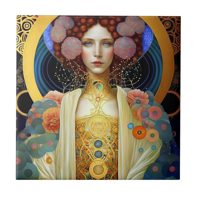 Klimt Inspired Queen Goddess Fantasy Art Ceramic Tile (Front)