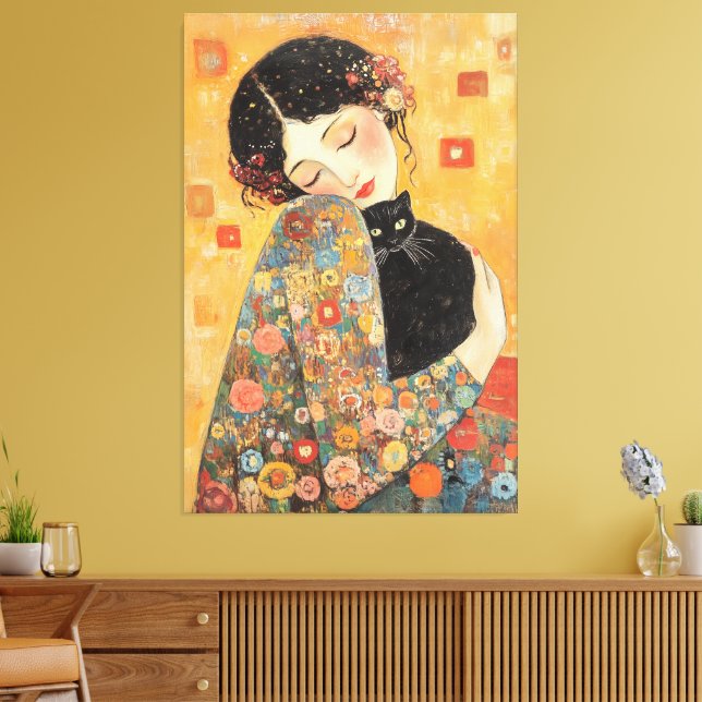 Klimt-Inspired Woman and Cat Canvas Print (Insitu(LivingRoom))