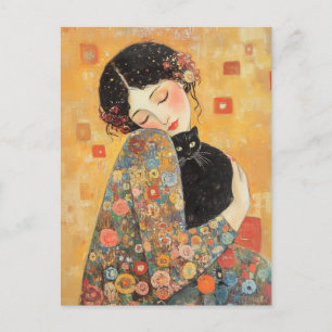 Klimt-Inspired Woman and Cat Postcard