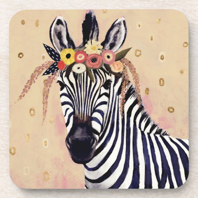 Klimt Zebra | Adorned In Flowers Beverage Coaster (Front)