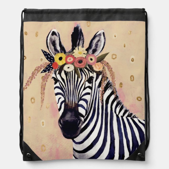 Klimt Zebra | Adorned In Flowers Drawstring Bag (Front)