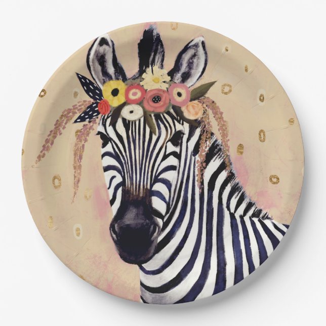 Klimt Zebra | Adorned In Flowers Paper Plates (Front)