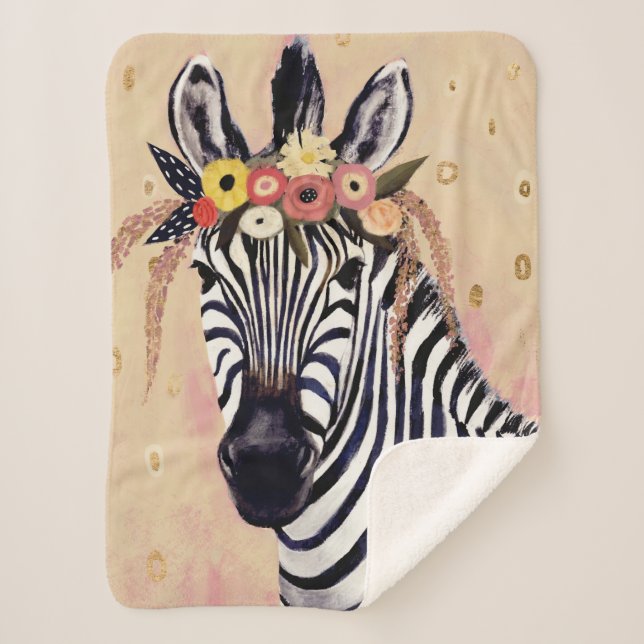 Klimt Zebra | Adorned In Flowers Sherpa Blanket (Front)