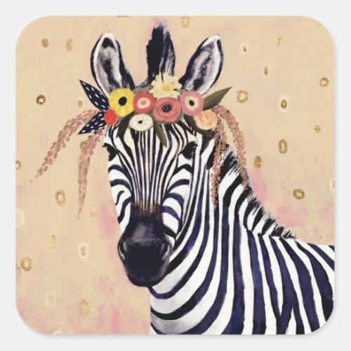 Klimt Zebra  Adorned In Flowers Square Sticker