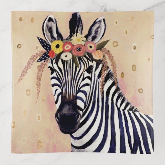 Klimt Zebra | Adorned In Flowers Trinket Tray (Front)