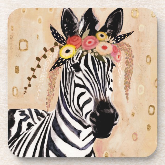 Klimt Zebra | Crown Of Flowers Beverage Coaster (Front)