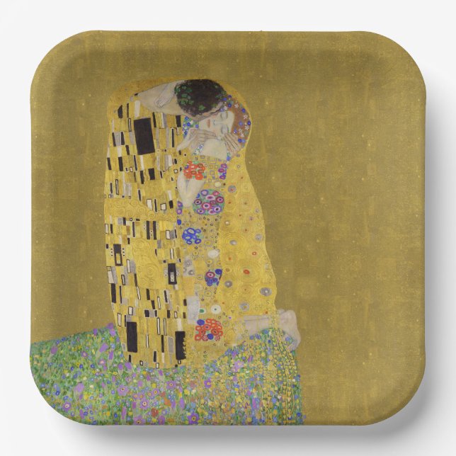 Klimt's The Kiss - Romantic Art Nouveau Paper Plates (Front)