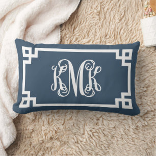 KMK Lake Blue and White Greek Key Script Monogram Lumbar Pillow