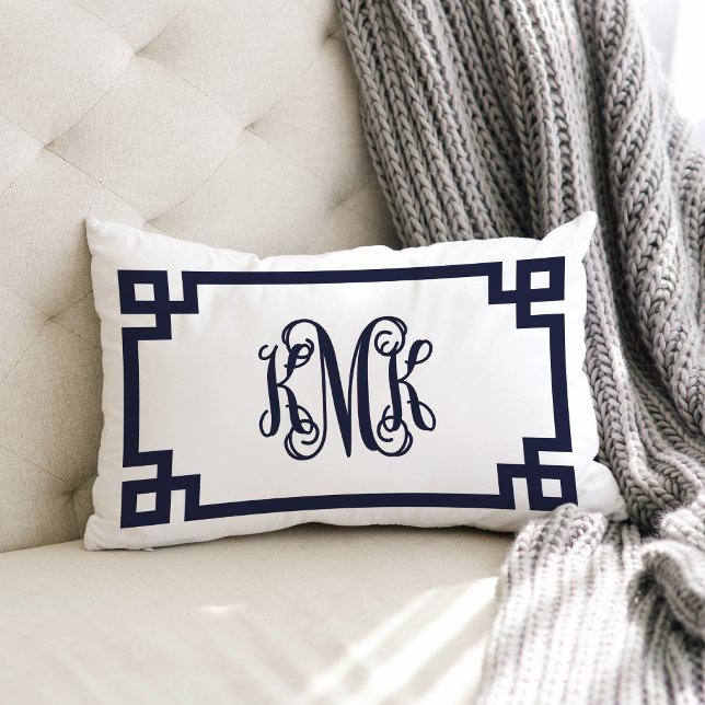 KMK Navy and White Greek Key Script Monogram Lumbar Pillow (Creator Uploaded)