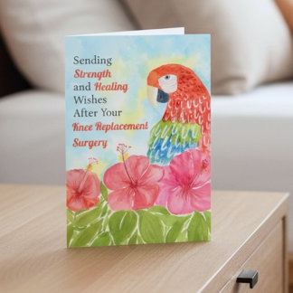 Knee Replacement Healing Scarlet Macaws, Hibiscus Card