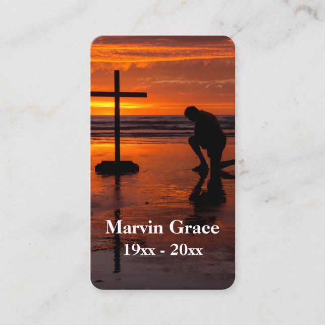 Kneel at Cross Ocean Sunset Funeral Prayer Card (Front)