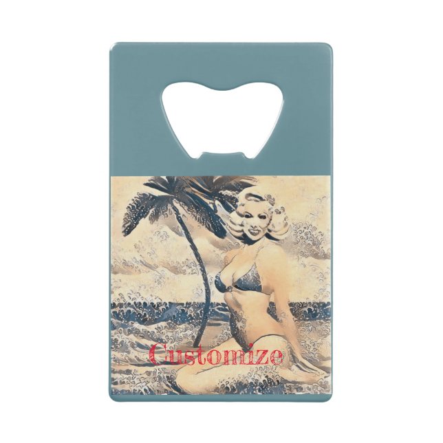 Kneeling Blonde Bikini Model Thunder_Cove Credit Card Bottle Opener (Front)