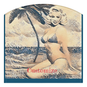 Kneeling Blonde Bikini Model Thunder_Cove Door Sign