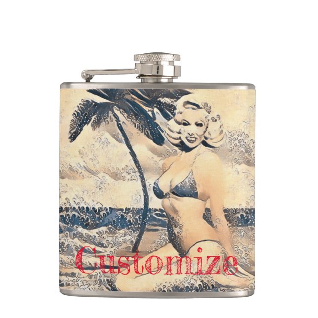 Kneeling Blonde Bikini Model Thunder_Cove Flask (Front)
