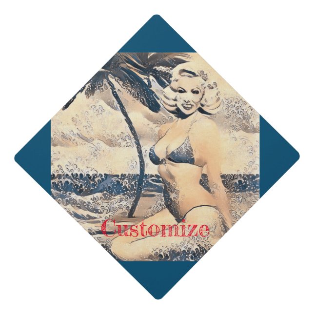 Kneeling Blonde Bikini Model Thunder_Cove Graduation Cap Topper (Front)