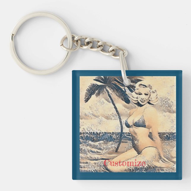 Kneeling Blonde Bikini Model Thunder_Cove Keychain (Front)