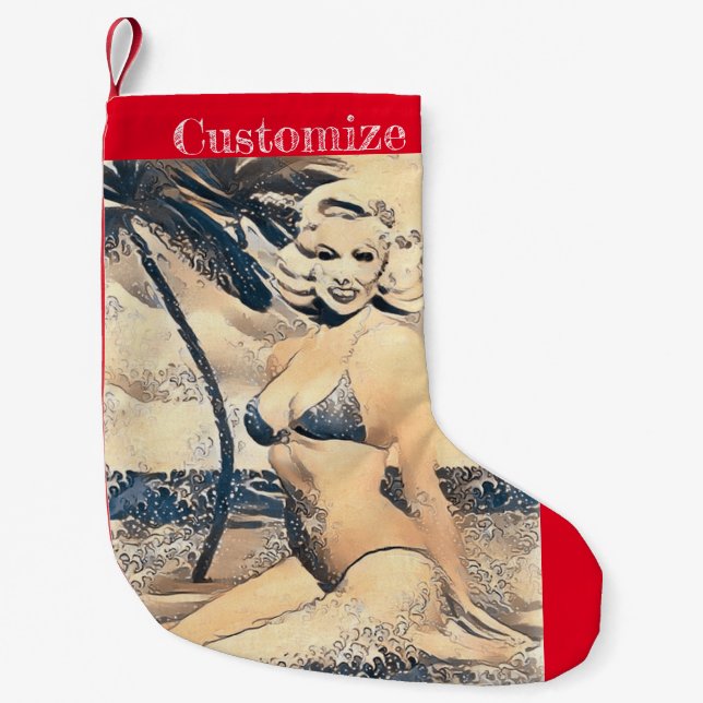 Kneeling Blonde Bikini Model Thunder_Cove Small Christmas Stocking (Front)