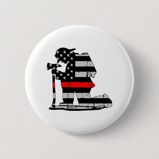 Kneeling Firefighter Thin Red Line Button (Front)