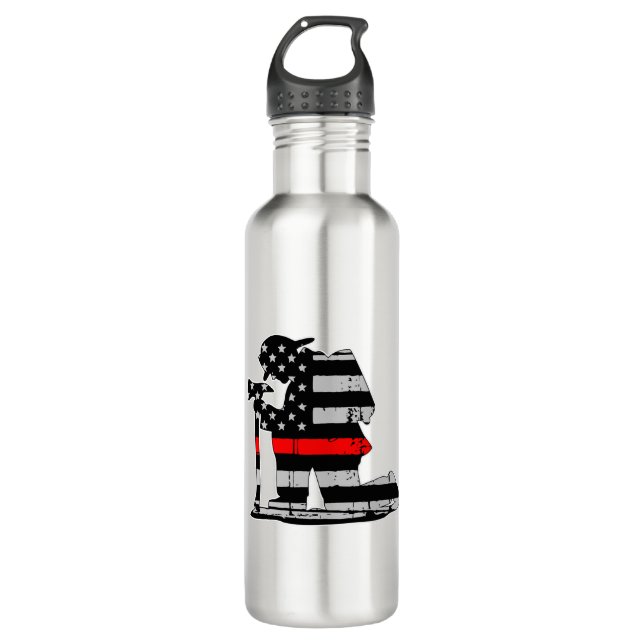 Kneeling Firefighter Thin Red Line Stainless Steel Water Bottle (Front)