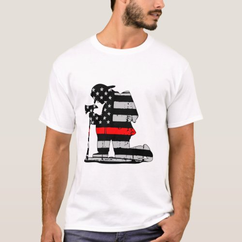 Kneeling Firefighter Thin Red Line T_Shirt