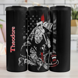 Kneeling Firefighter Thin Red Line Thermal Tumbler