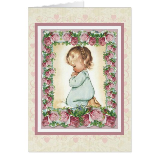 Kneeling praying little girl w/pink roses card (Front)