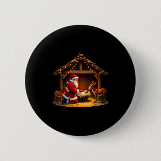 Kneeling Santa Claus & Baby Jesus Merry Christ Button