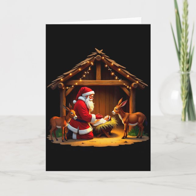 Kneeling Santa Claus &amp; Baby Jesus Merry Christ Card (Front)