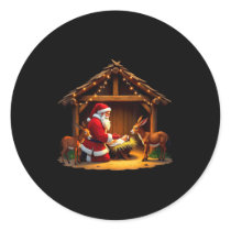 Kneeling Santa Claus & Baby Jesus Merry Christ Classic Round Sticker