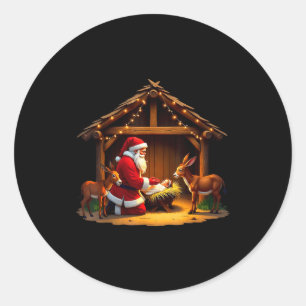 Kneeling Santa Claus &amp; Baby Jesus Merry Christ Classic Round Sticker