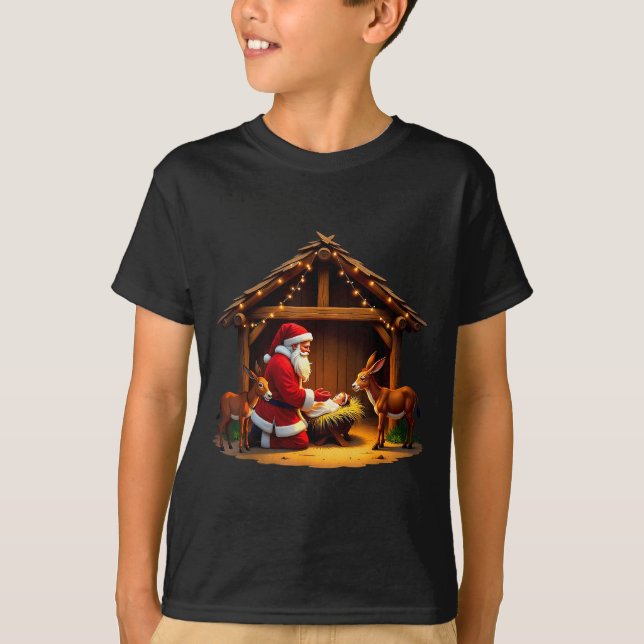Kneeling Santa Claus &amp; Baby Jesus Merry Christ T-Shirt (Front)