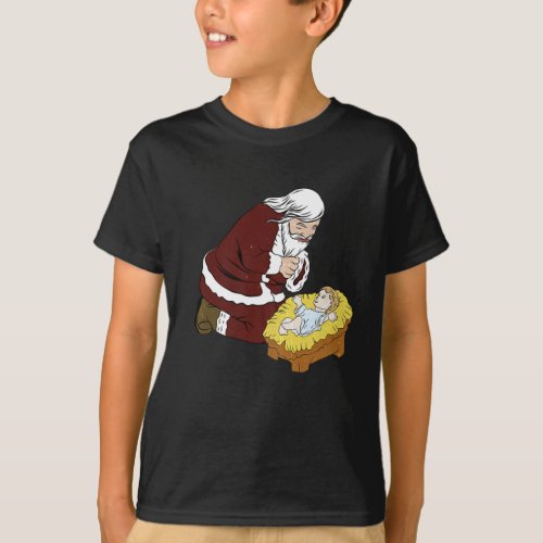Kneeling Santa Claus With Baby Jesus T_ Christmas T_Shirt