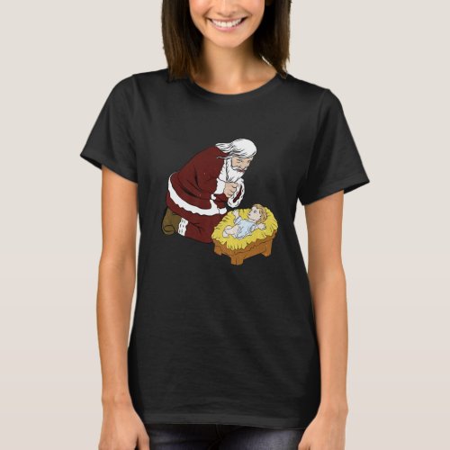 Kneeling Santa Claus With Baby Jesus T_ Christmas T_Shirt
