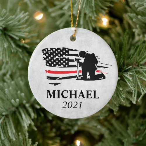 Kneeling Soldier With Flag _ Customize Name  Year Ceramic Ornament