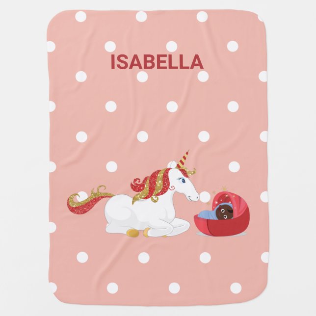 Kneeling Unicorn Cute Black Baby Personalized Name Blanket (Front)