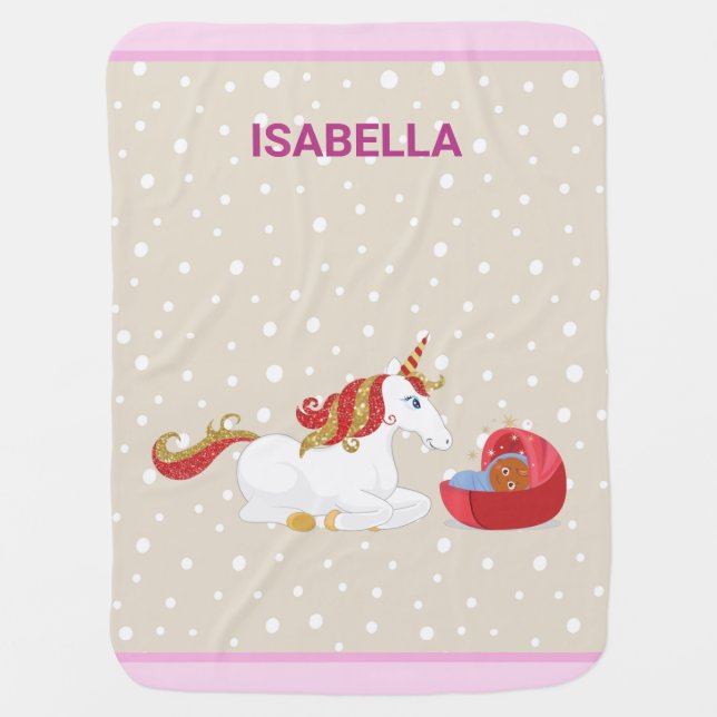 Kneeling Unicorn Cute Brown Baby Personalized Name Baby Blanket (Front)