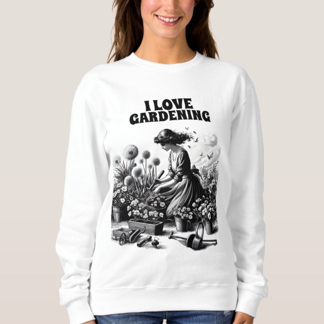kneels in a garden sweatshirt (Front)