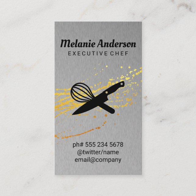 Knife and Whisk | Metallic | Gold Spatter Business Card (Front)