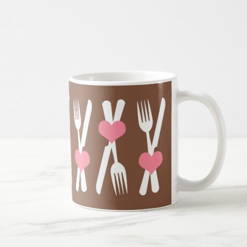 Knife  Fork _ Pink Hearts Brown  White Mug