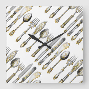 Knife fork spoon cutlery square wall clock