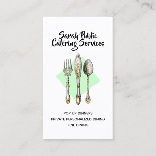 Knife fork spoon modern green diamond chef business card