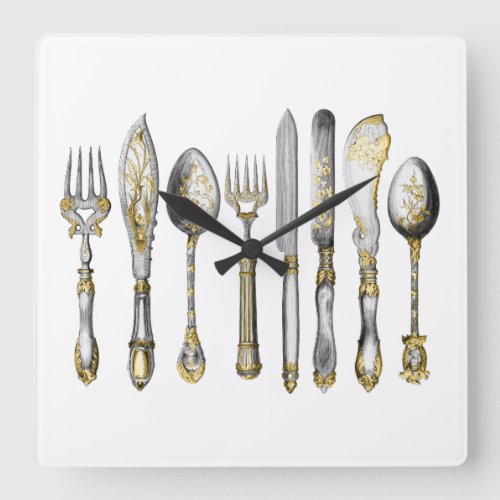 Knife fork spoon vintage setting square wall clock