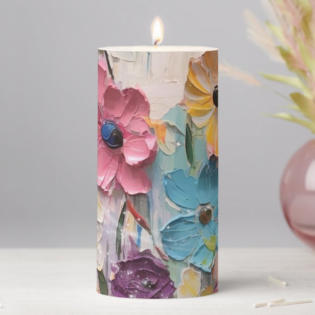 Knife Painted Flowers Pillar Candle (In Situ)
